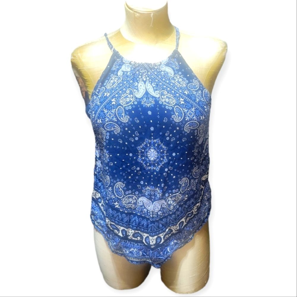 Blue Paisley Print Tank Top Halter Top